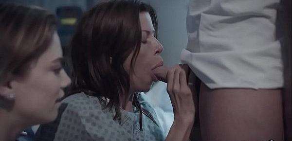  Huge boobs troubled MILF in a 3some with hospital staff